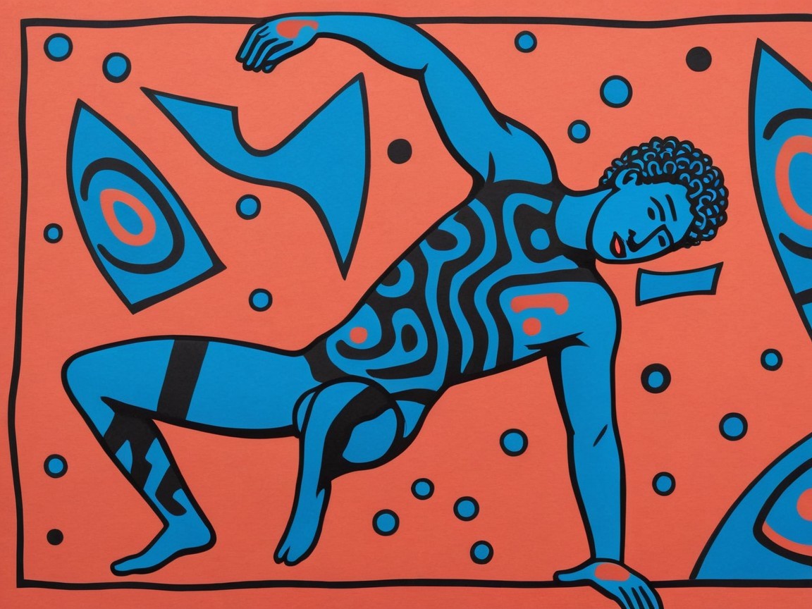 Stylized Male Figure with Abstract Patterns on Orange Background
