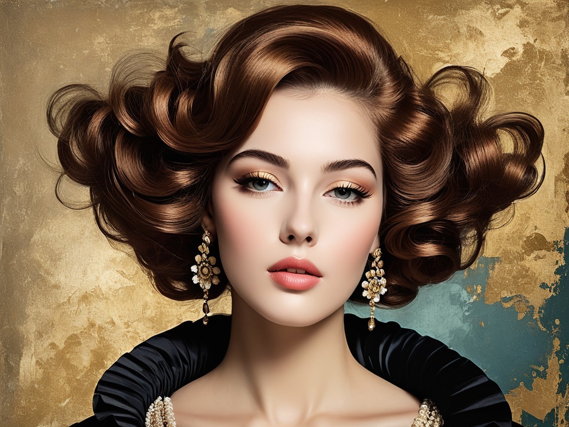 Portrait of a Woman with Brown Curls and Elegant Makeup