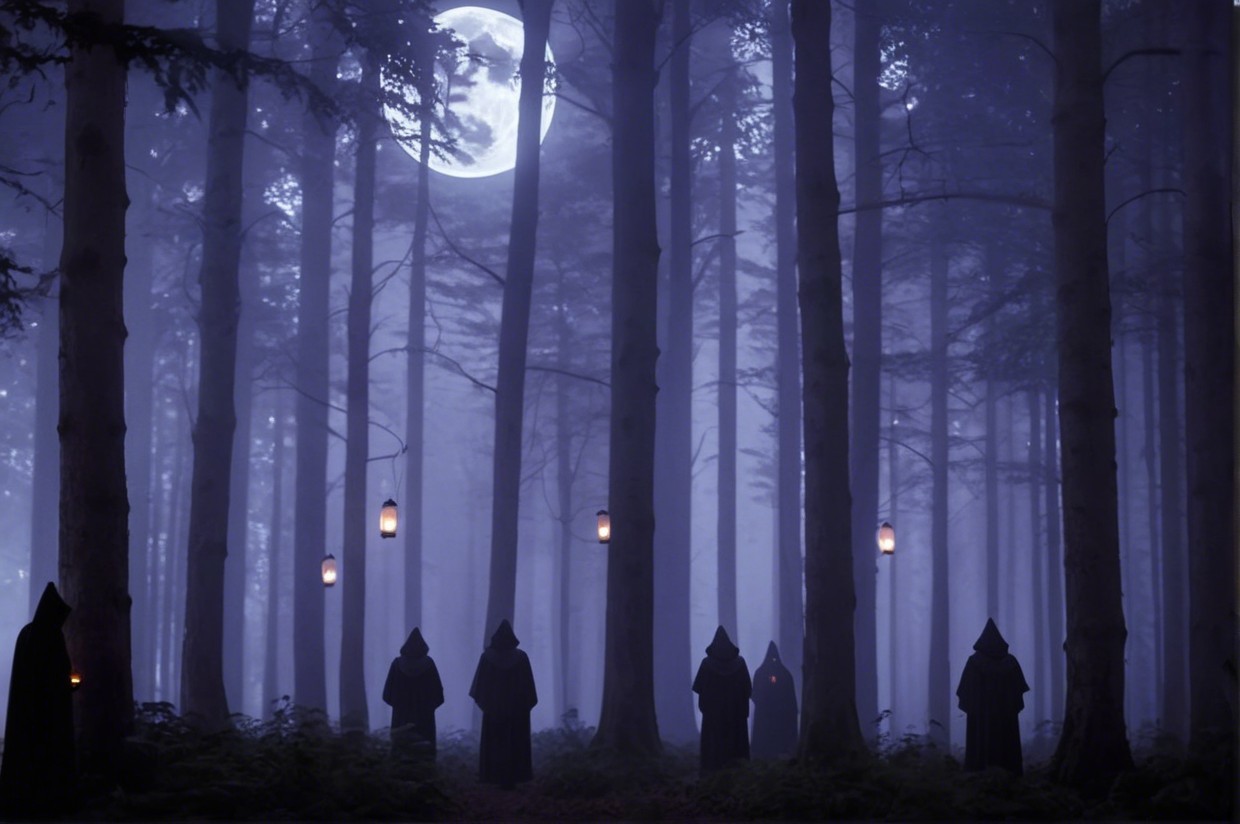 Misty Forest with Cloaked Figures and Lanterns