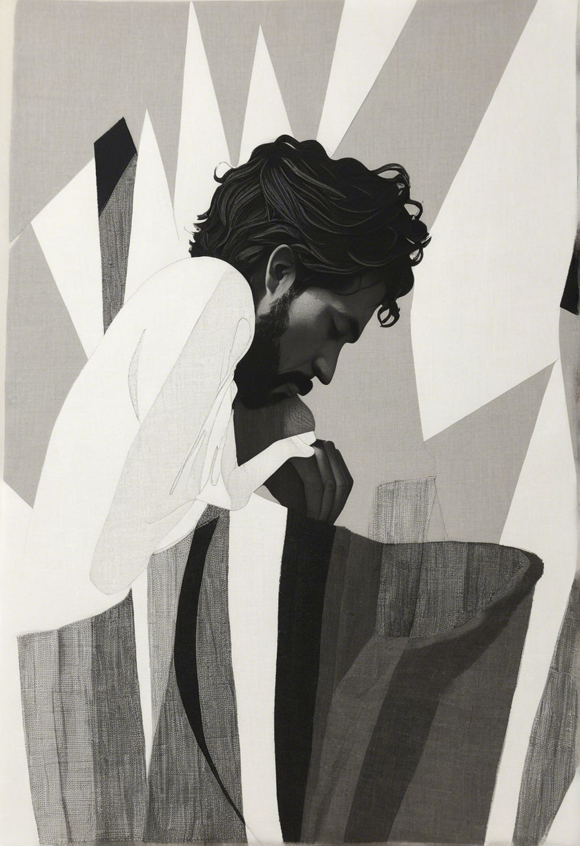 Monochromatic Artwork of Contemplative Figure in Gray