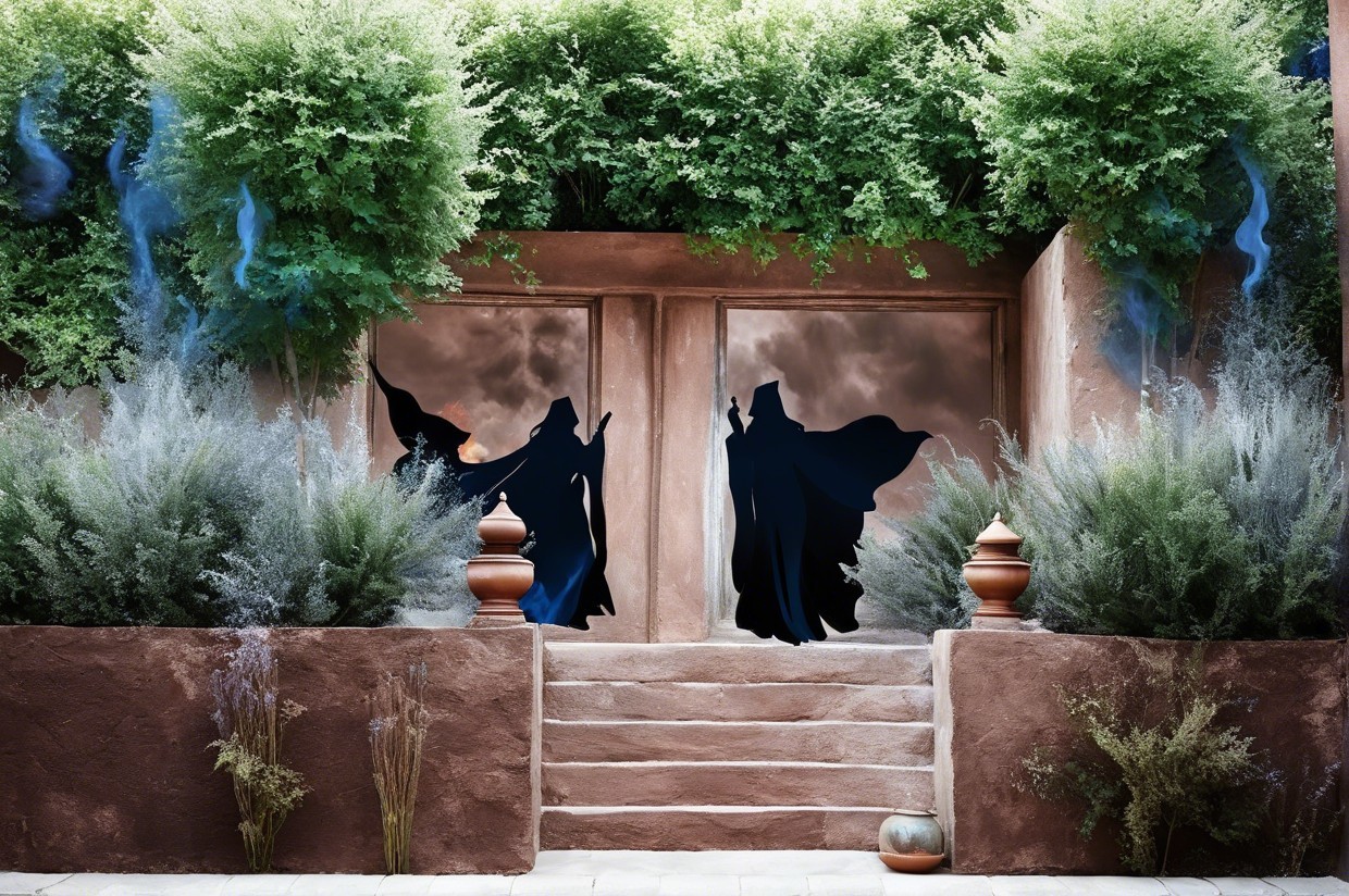 Mystical Courtyard with Lush Greenery and Enchantment