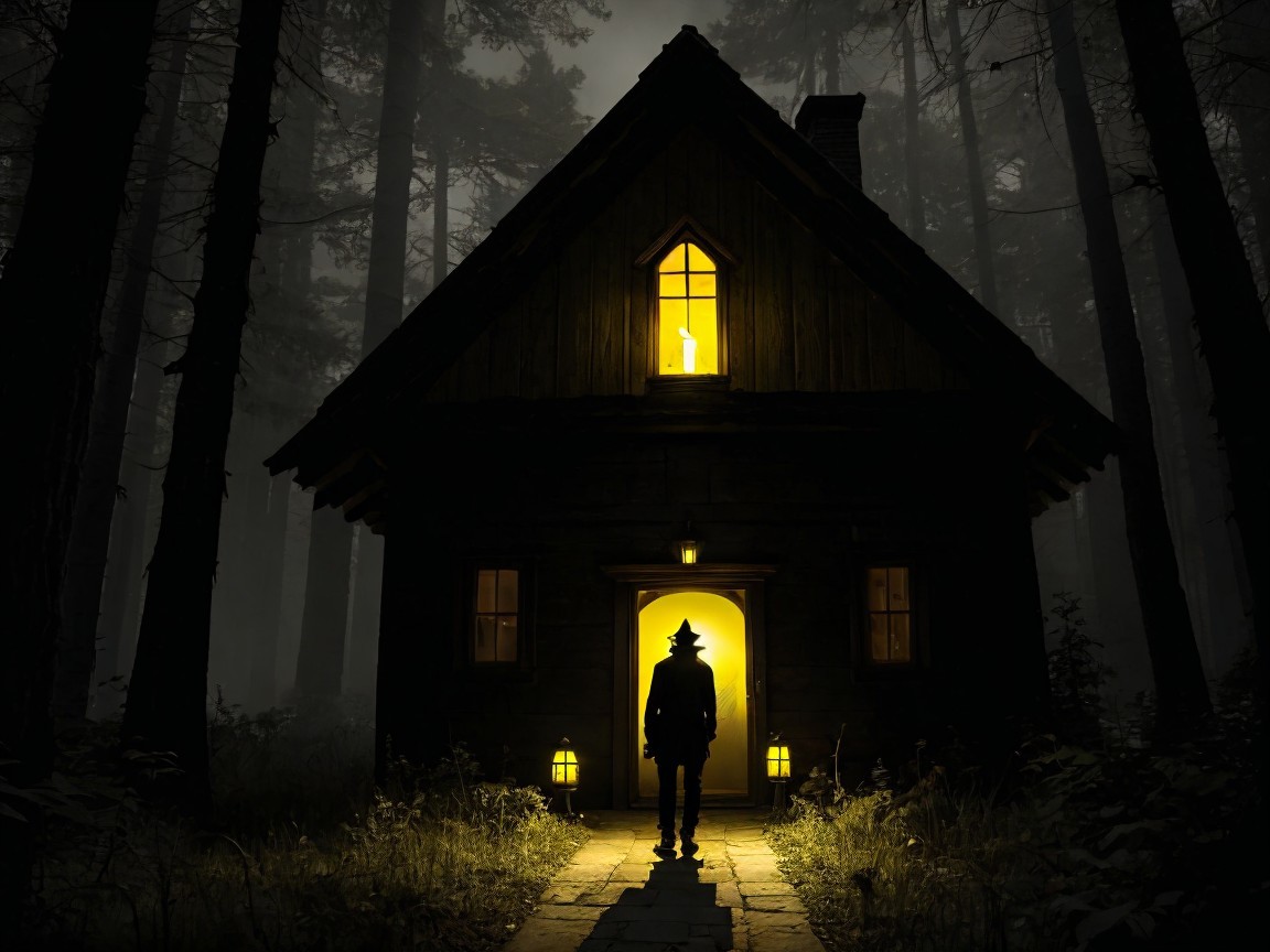 Mysterious Cabin Surrounded by Dark Forest Trees