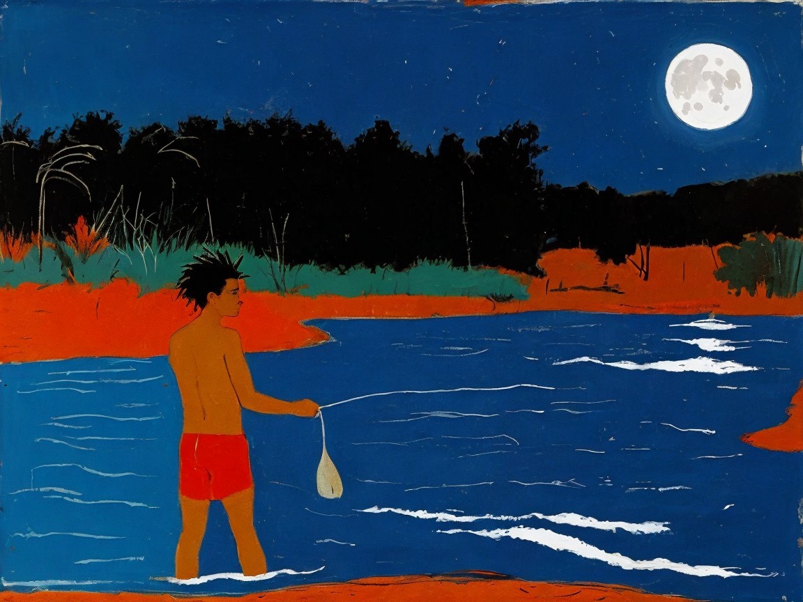 Young Boy Fishing Under Full Moon by a River