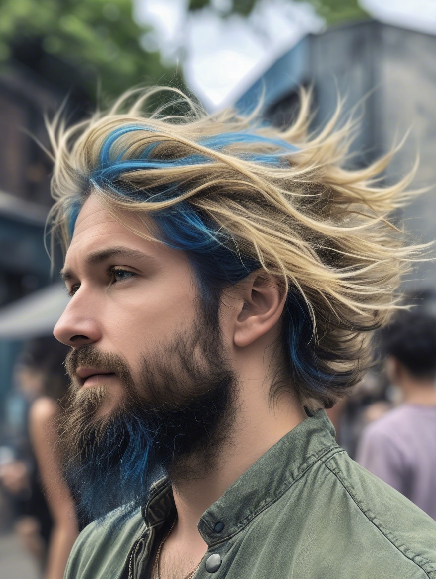 Man with Blue Highlights and Blonde Hair Outdoors