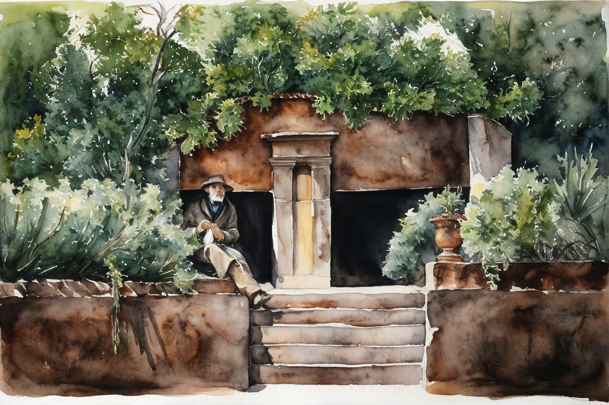 Elderly Man on Stone Steps in Lush Greenery