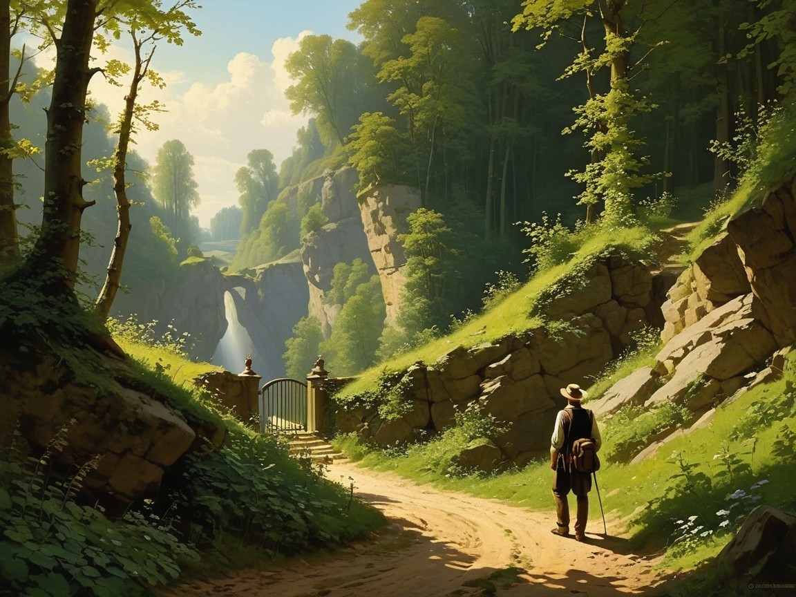 Serene Landscape with Winding Path and Waterfall