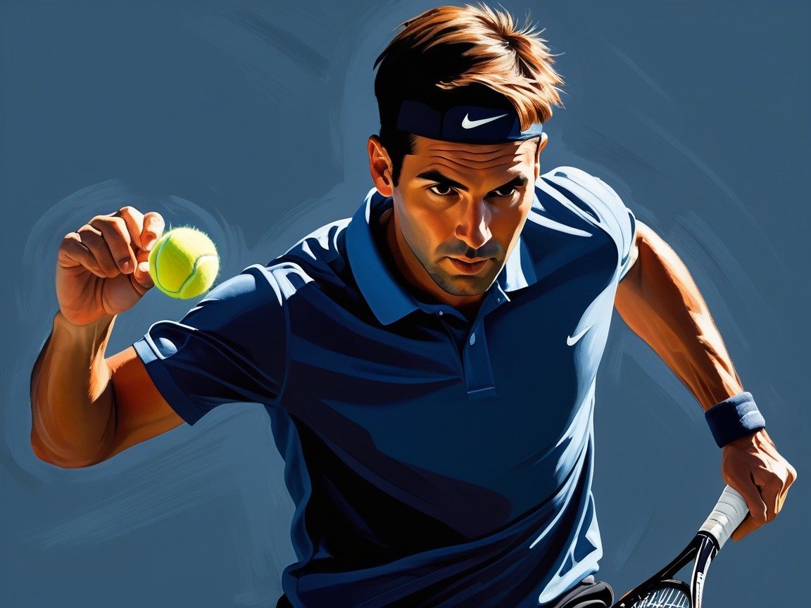 Male Tennis Player in Blue Shirt Serving Tennis Ball