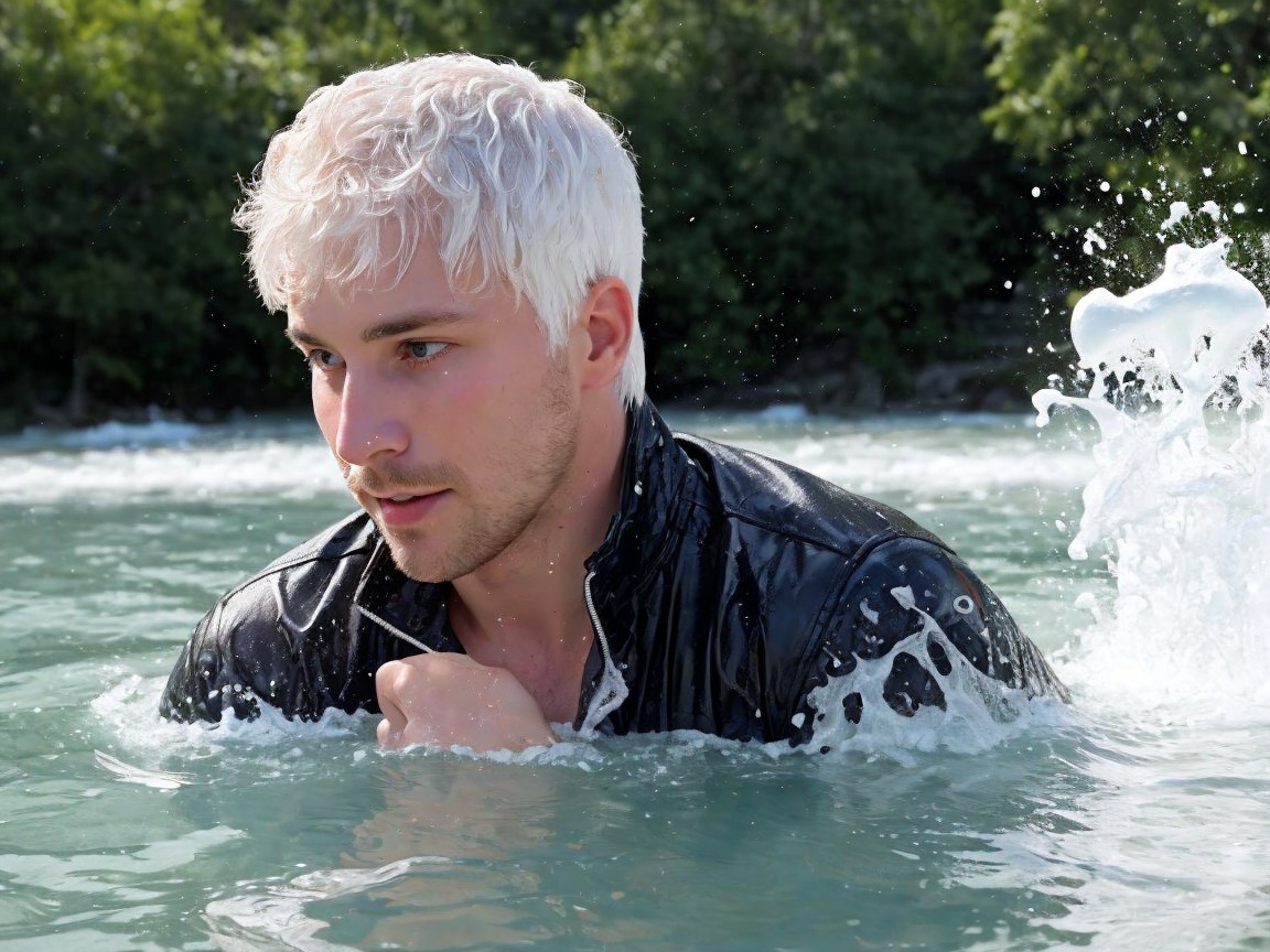 Young man in wet jacket emerges from turquoise water