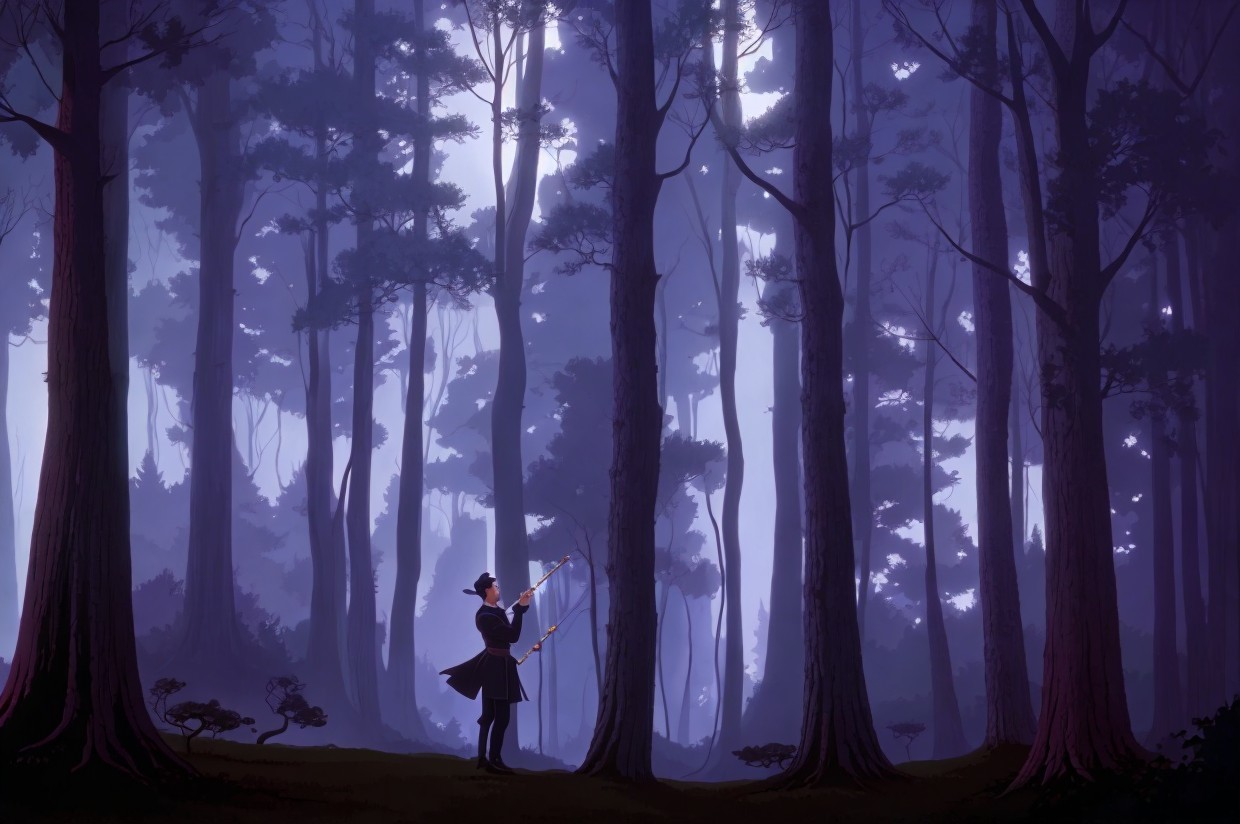 Mystical Forest Scene with Archer and Ethereal Light