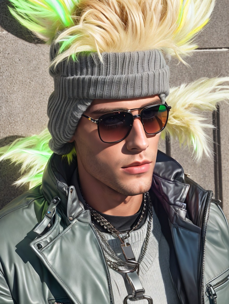 Young man in stylish outfit with vibrant hairstyle
