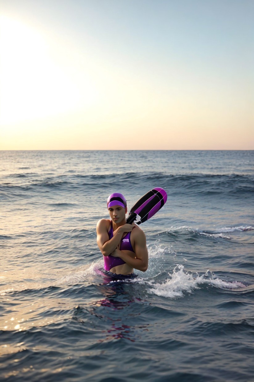 Athlete in Swimsuit with Buoy at Sunset by Sea