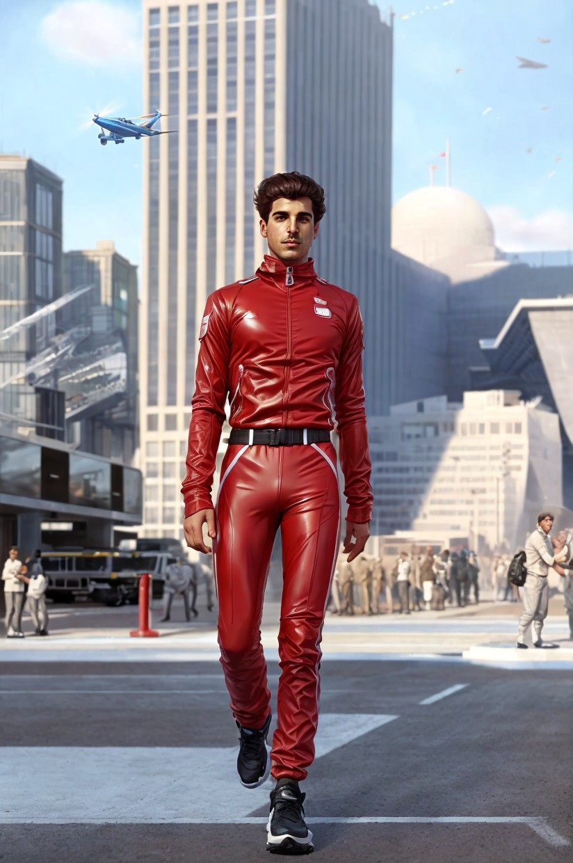 Futuristic cityscape with modern red metallic fashion
