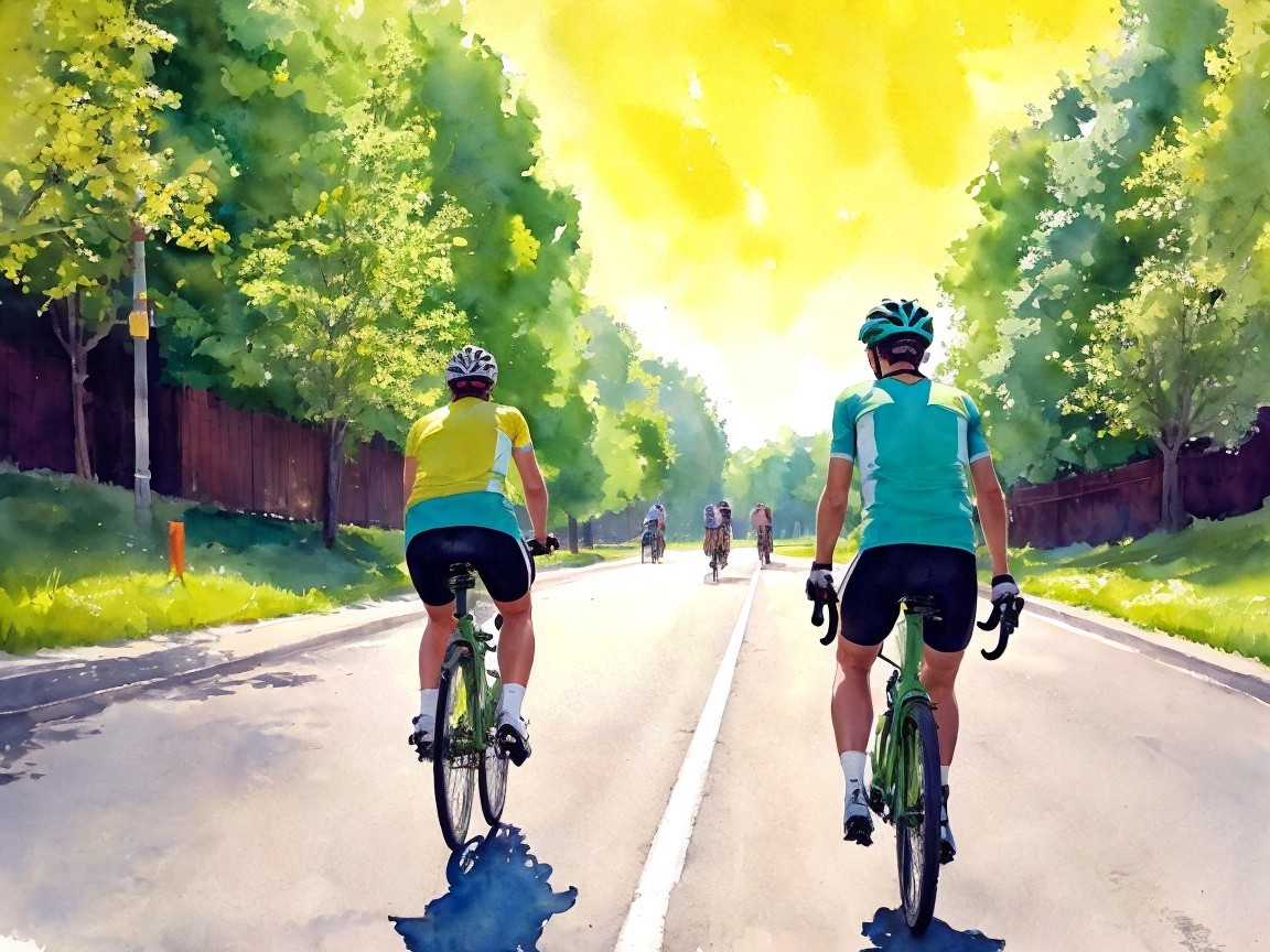 Cyclists on a sunlit road in a lush green setting