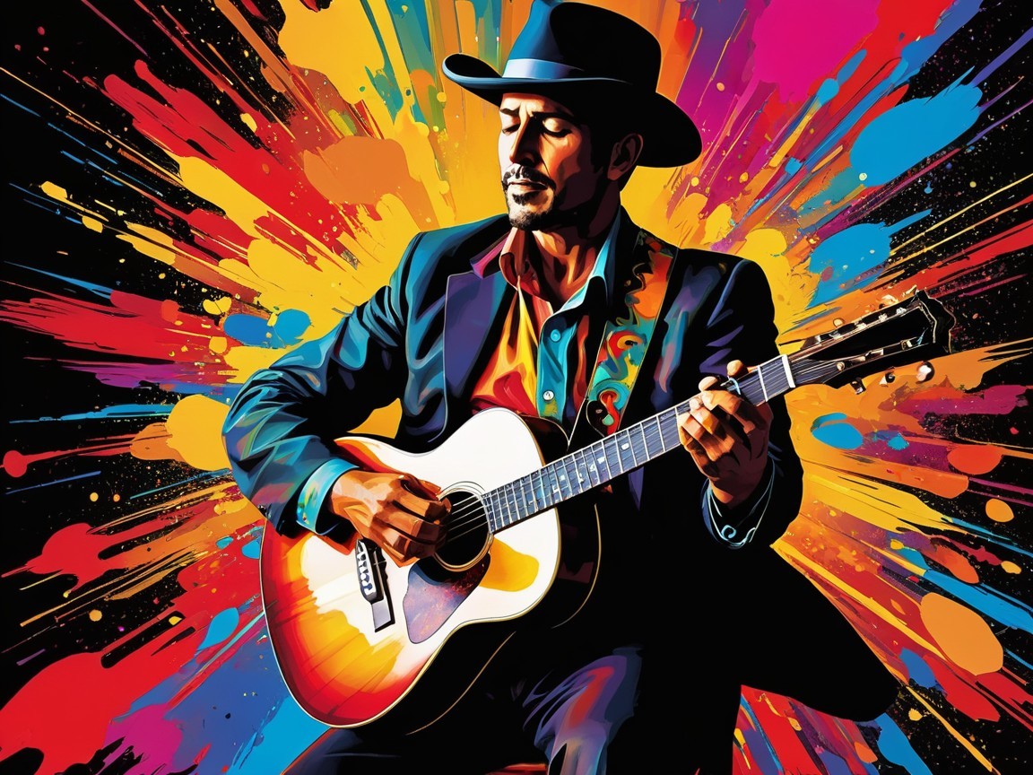 Man Playing Acoustic Guitar in Vibrant Abstract Scene