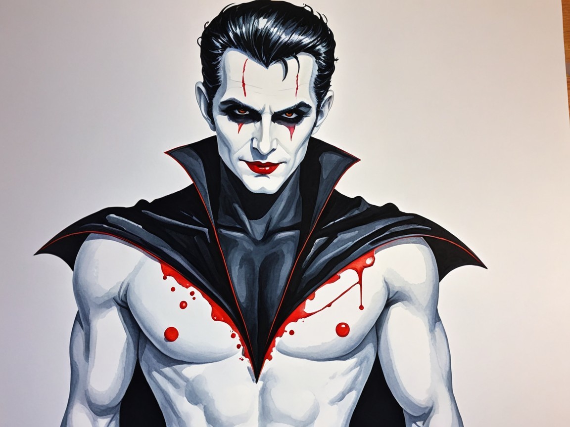 Vampiric figure in black and red with menacing features