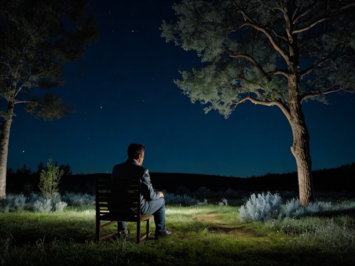 Man in suit sits on bench under starry night sky