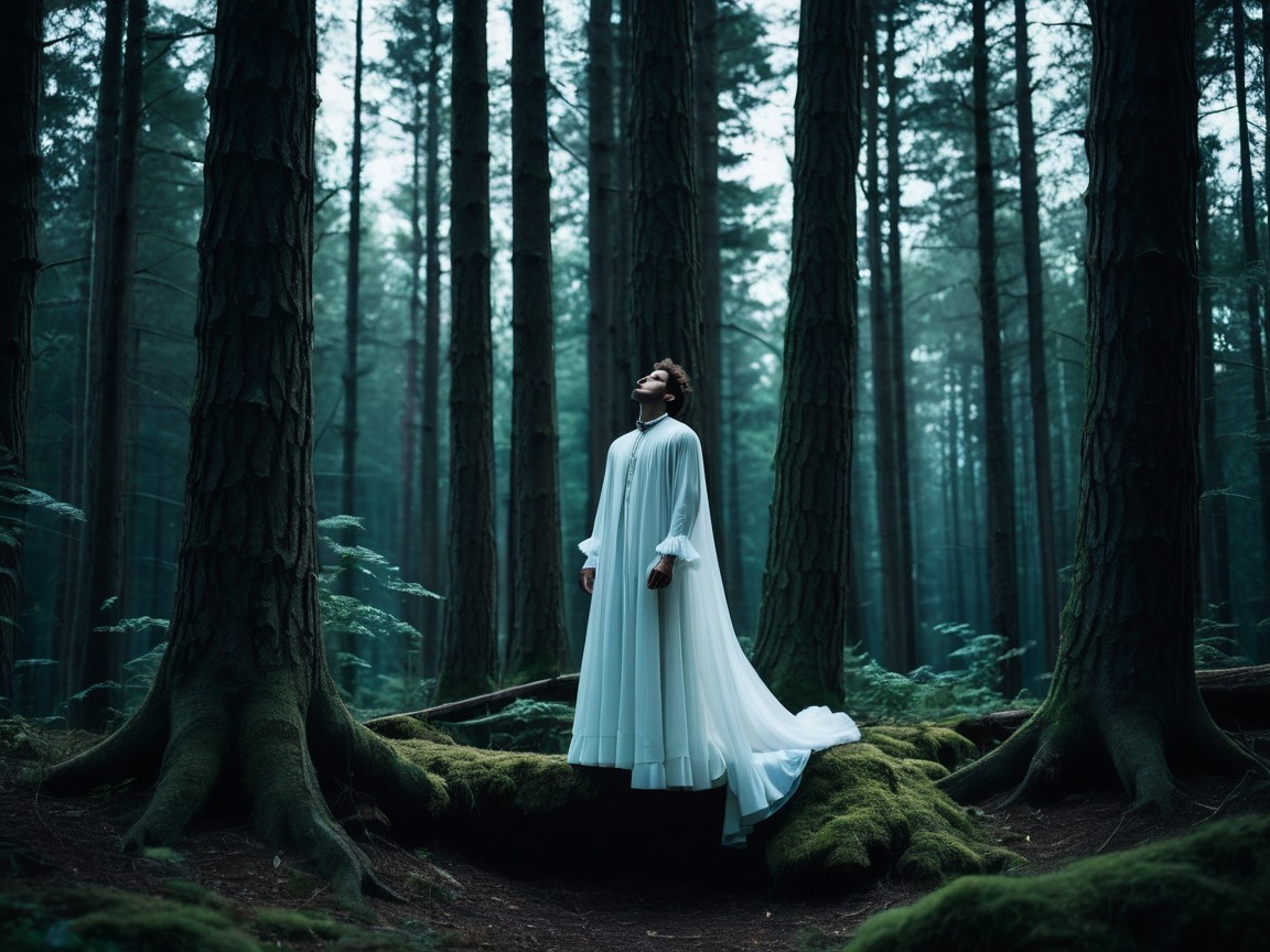 Figure in White Gown in Mystical Forest Setting