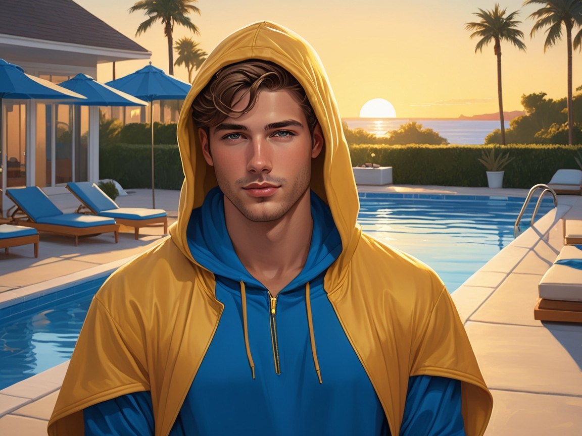 Young man by a sunset pool in vibrant hoodie