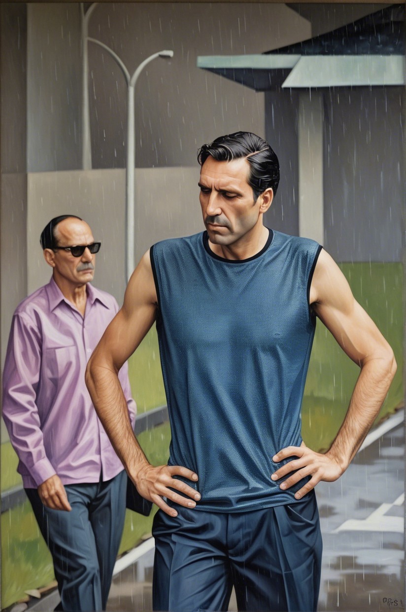 Two Men in Urban Rainy Setting with Contrasting Styles