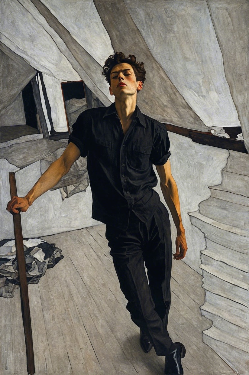 Young Man in Angular Interior with Dramatic Lighting