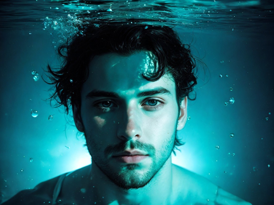 Young man underwater with serene surface and bubbles