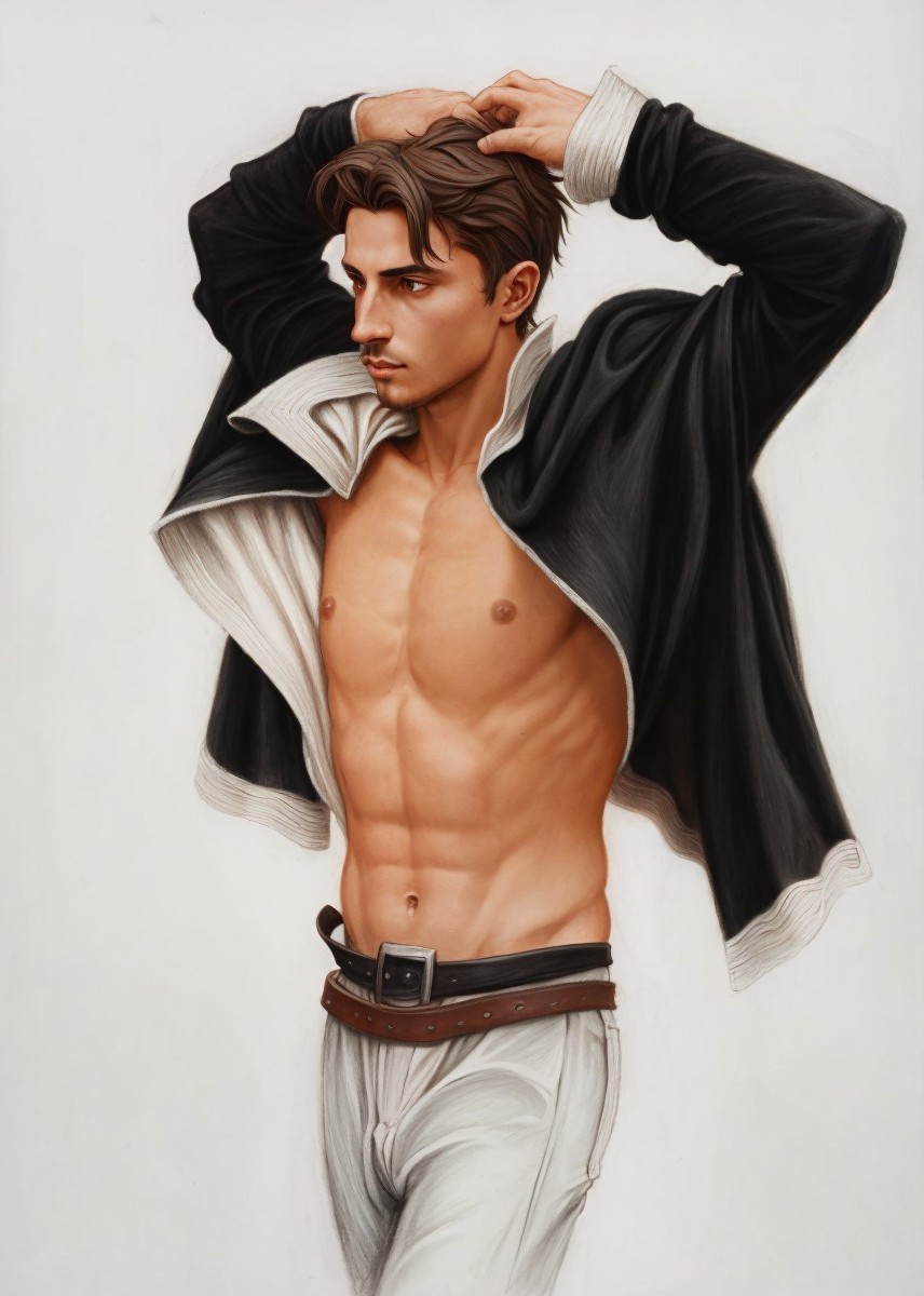 Young man with defined physique in black jacket