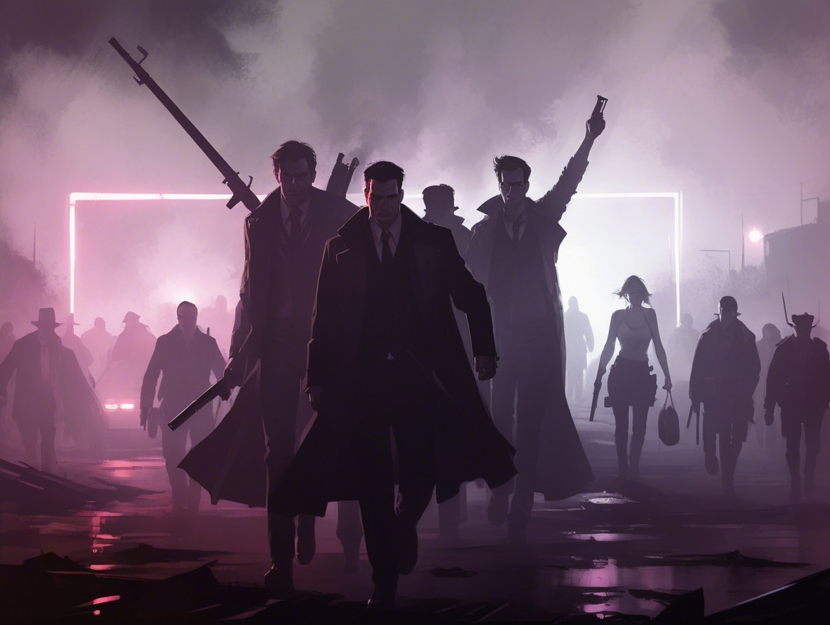 Shadowy Figures in Foggy Urban Noir Landscape