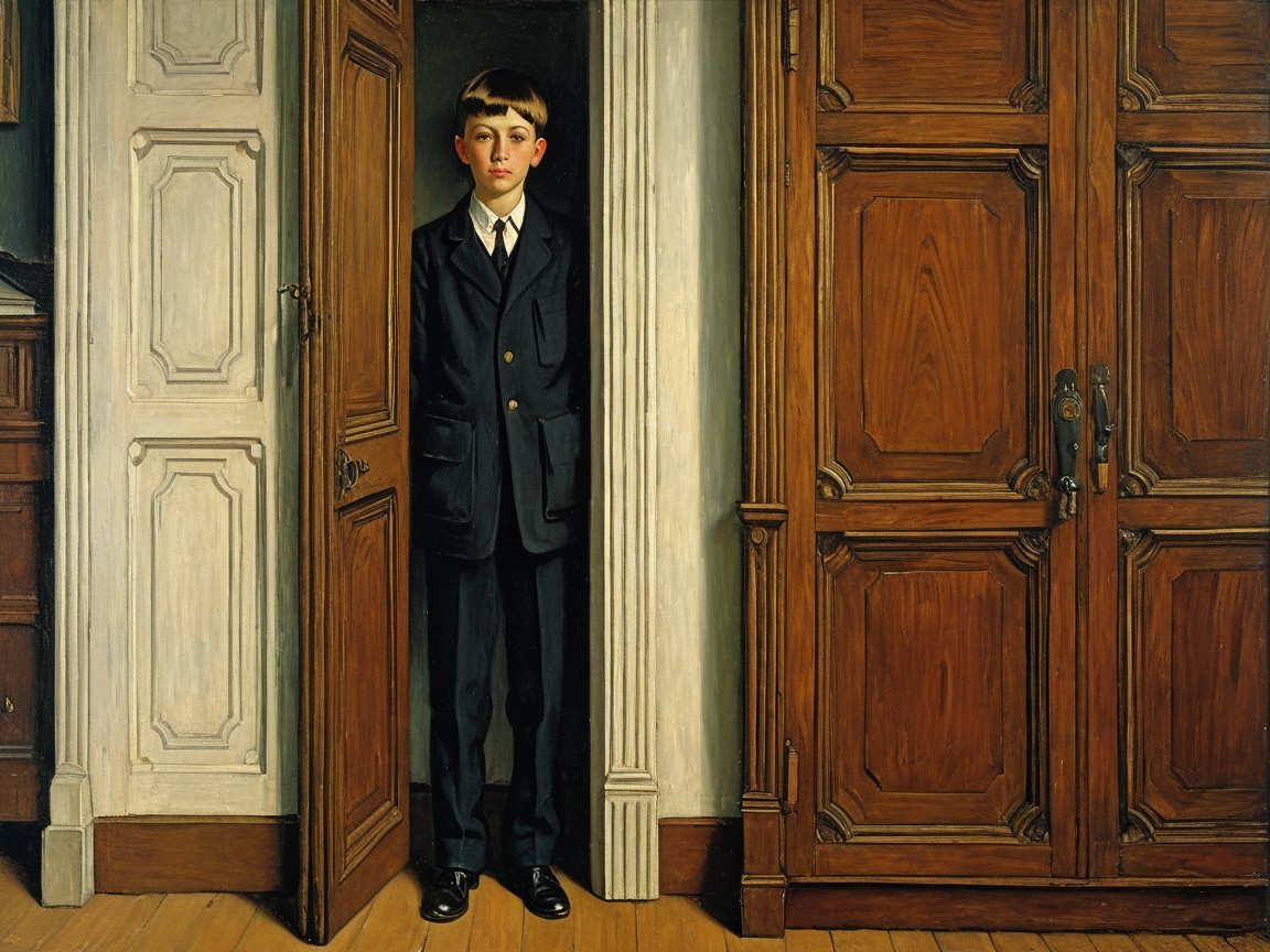 Boy in Formal Suit Framed by Ornate Doorway
