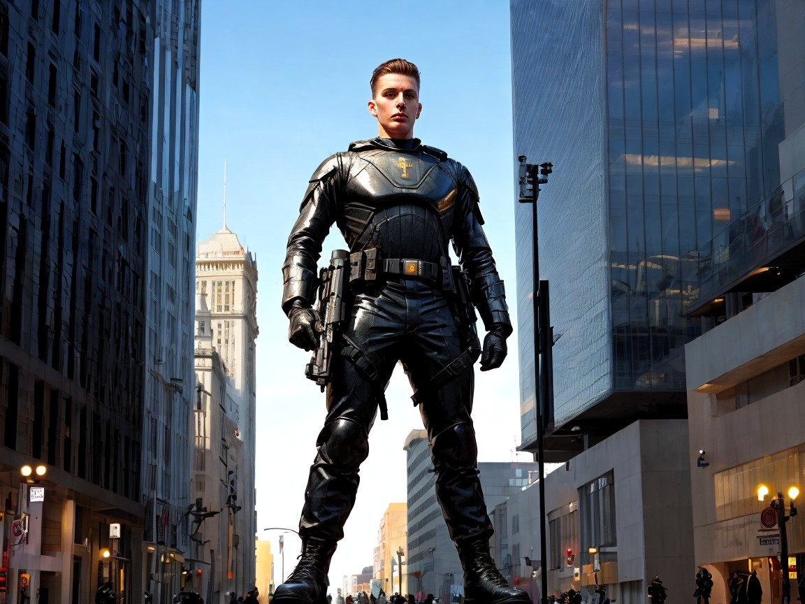 Muscular superhero in tactical suit against city skyline