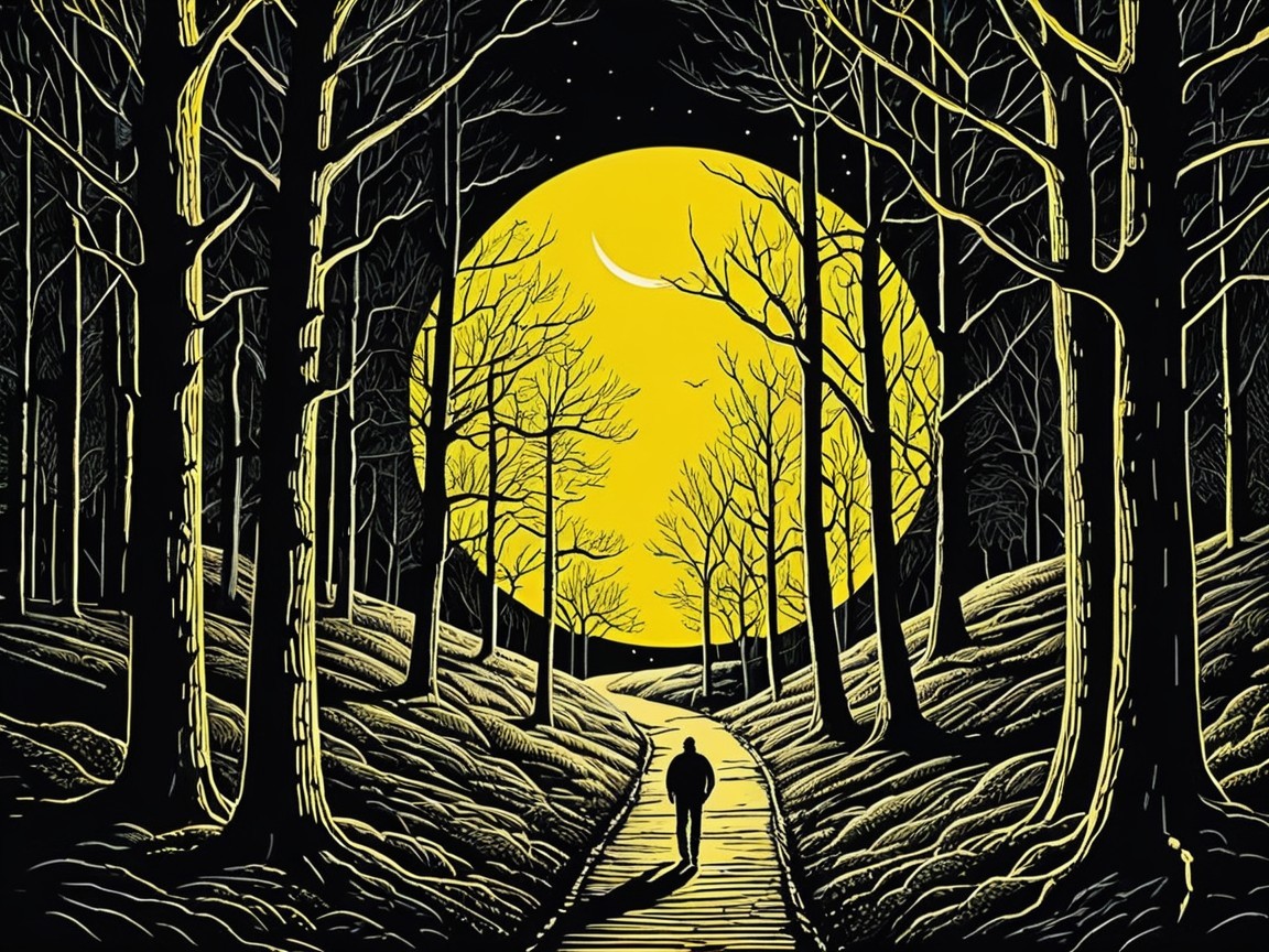 Solitary Figure Walking on Moonlit Forest Path