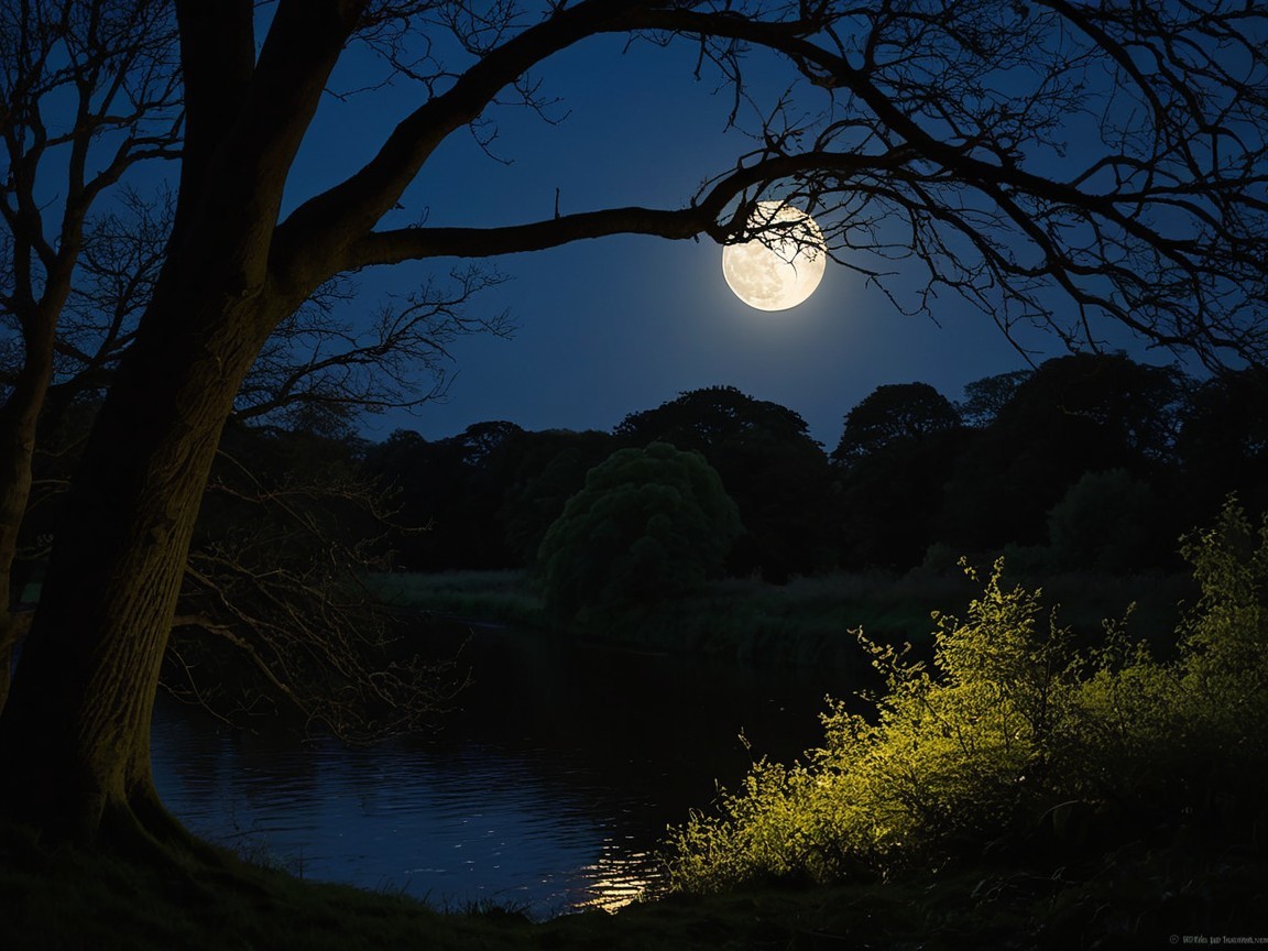 Tranquil Night Scene with Full Moon and Calm River