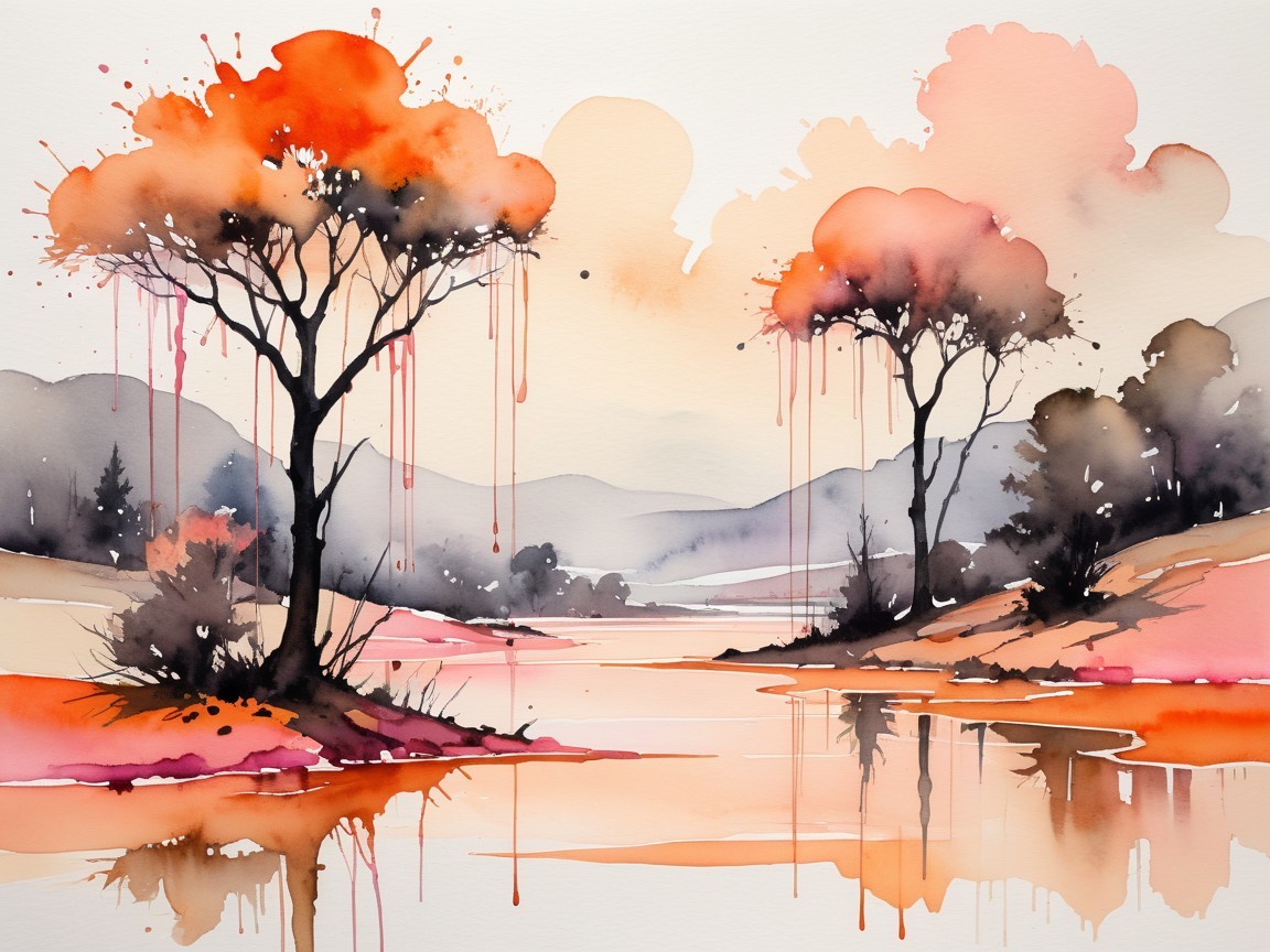 Watercolor Landscape with Calm River and Silhouetted Trees