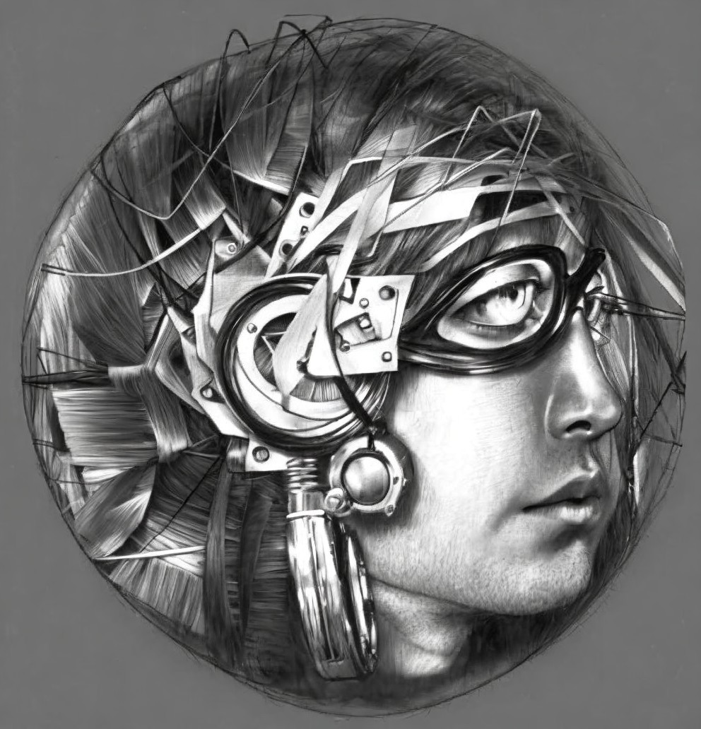 Monochromatic Cybernetic Portrait with Futuristic Design