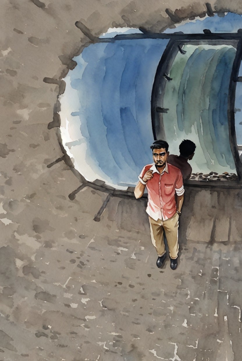 Man at Circular Opening Overlooking Flowing Stream