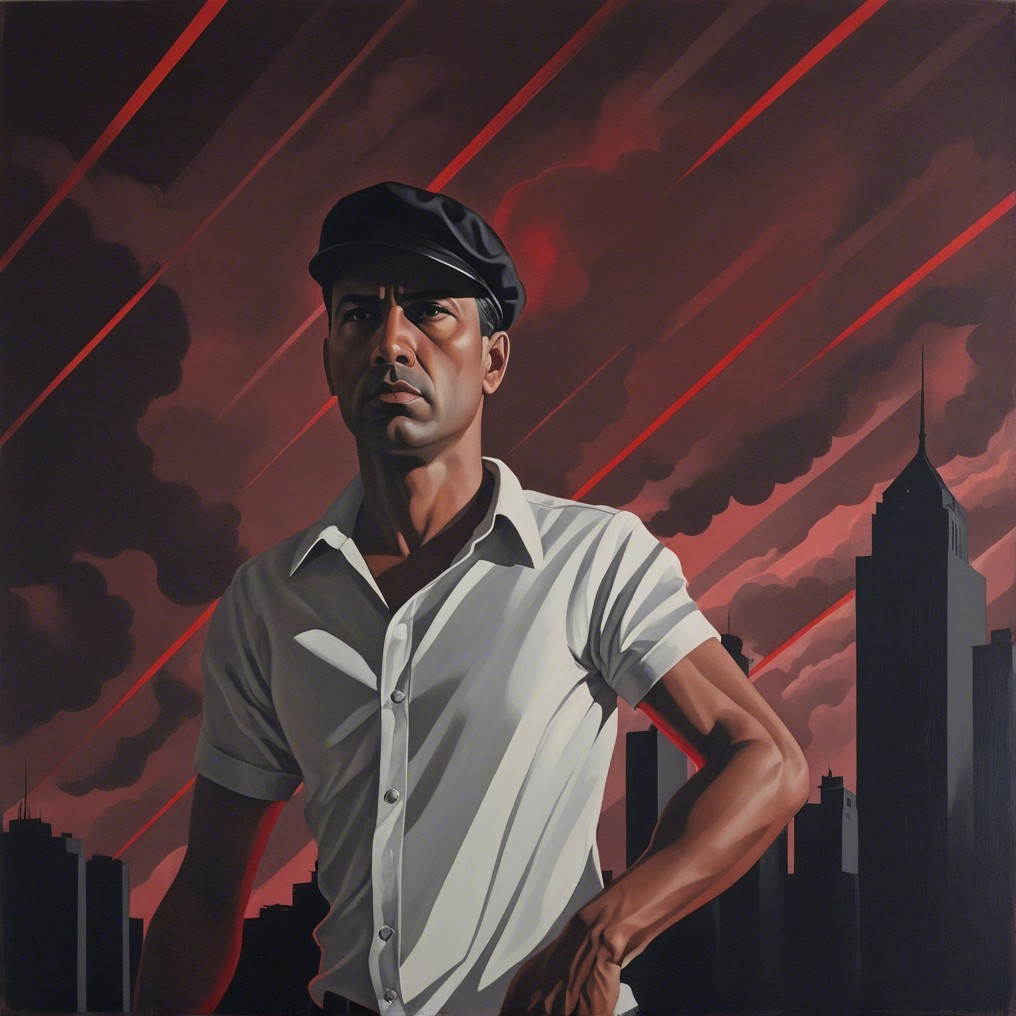 Confident Figure Against Dramatic Urban Skyline