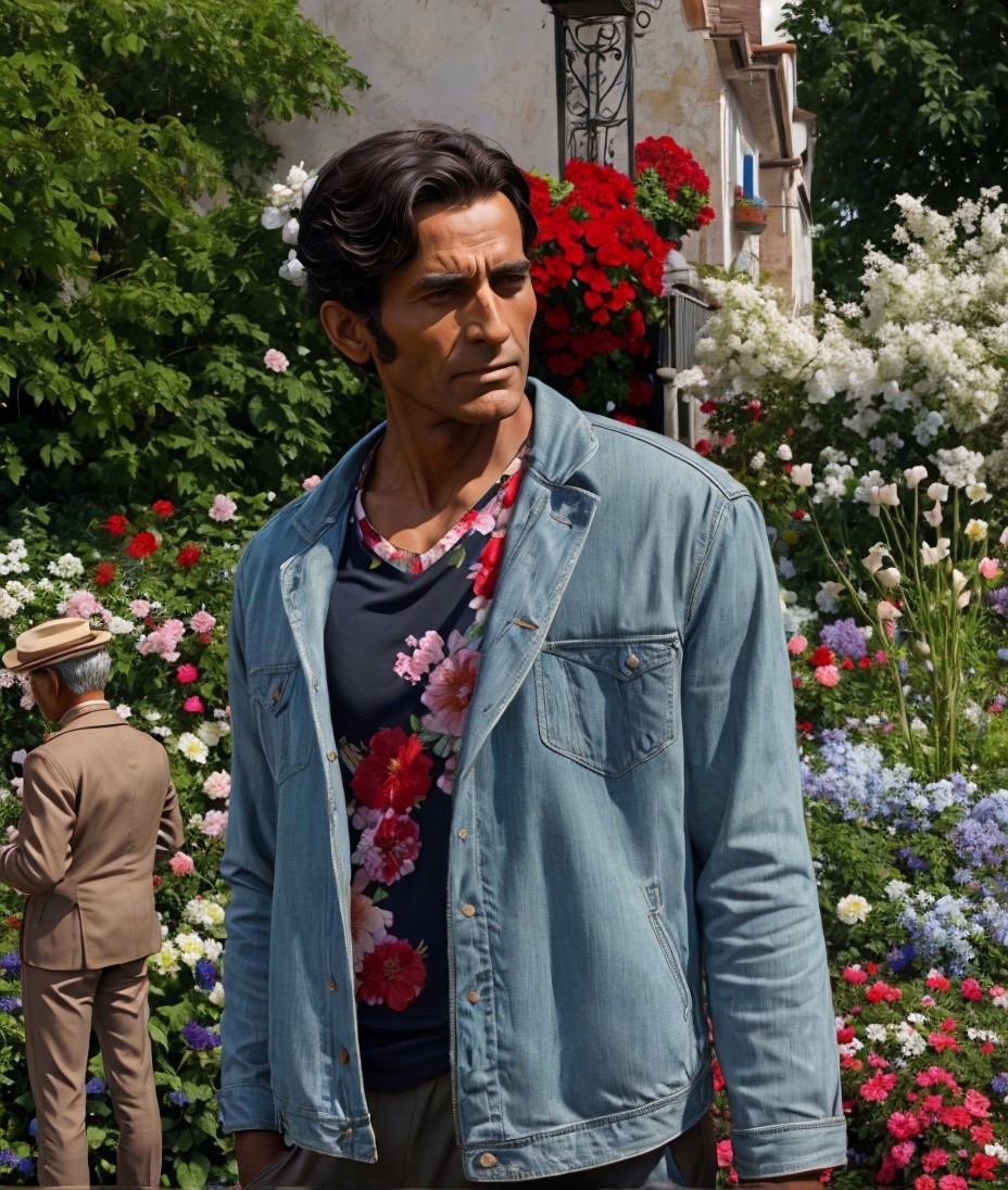 Man in Denim Jacket in Colorful Flower Garden