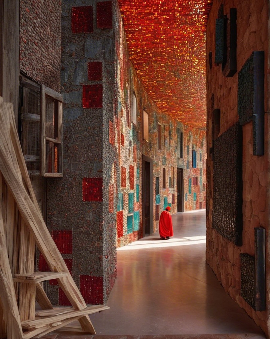 Vibrant Corridor with Multicolored Tiles and Glass