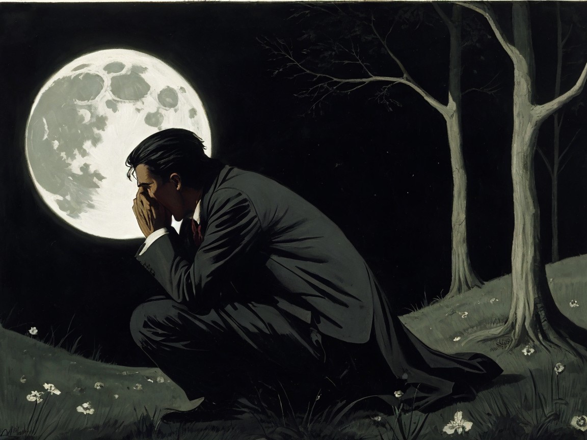 Man in Dark Suit Contemplates Under Full Moon
