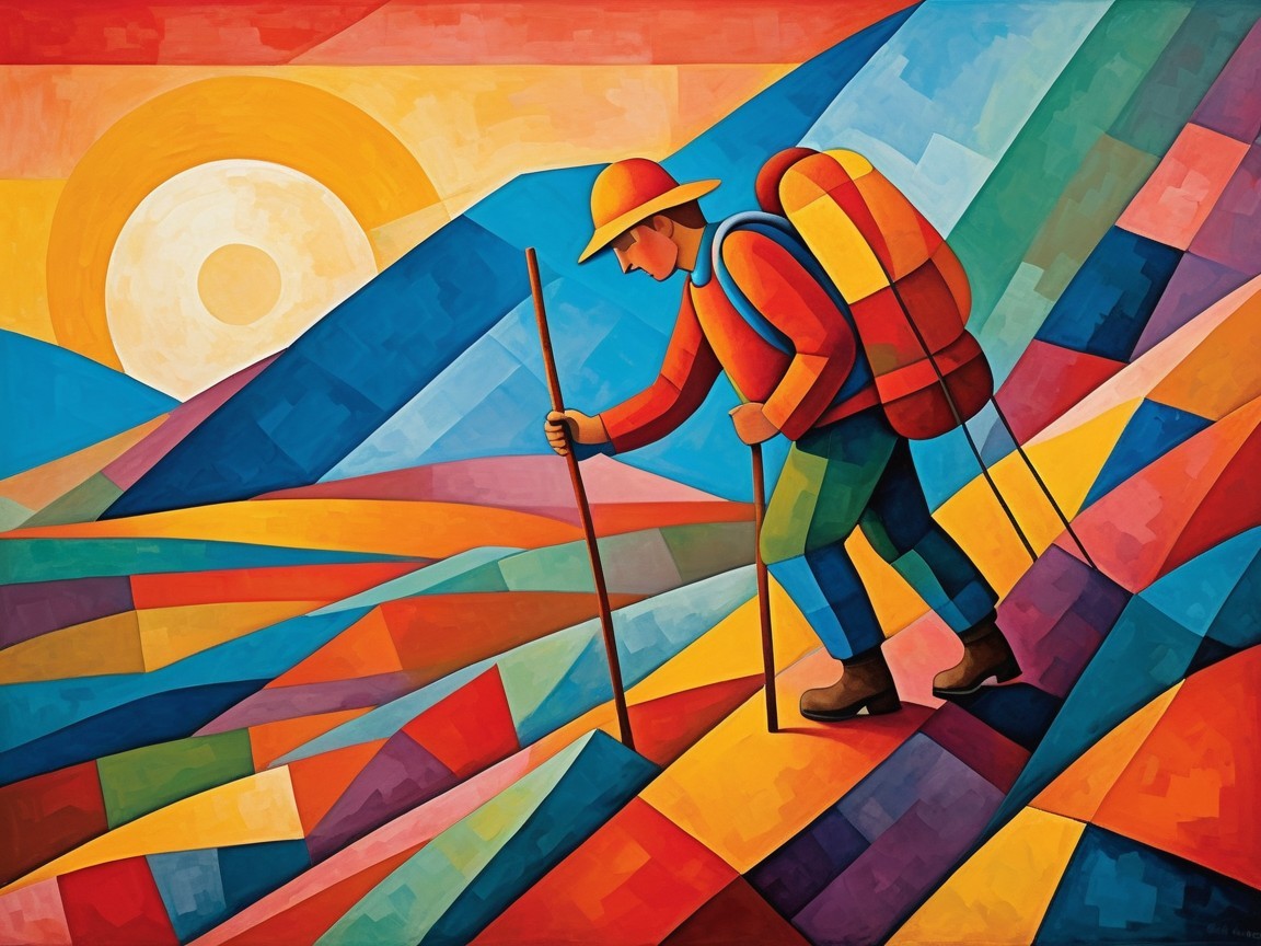 Abstract Hiker in Colorful Mountain Landscape