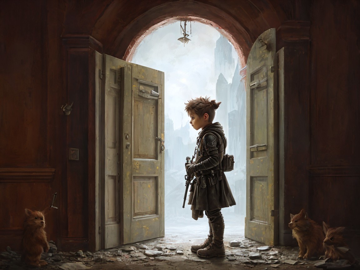Young Boy at Doorway to Fantastical World