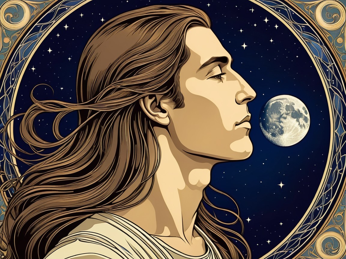 Serene Figure Against Starry Night Sky and Moon