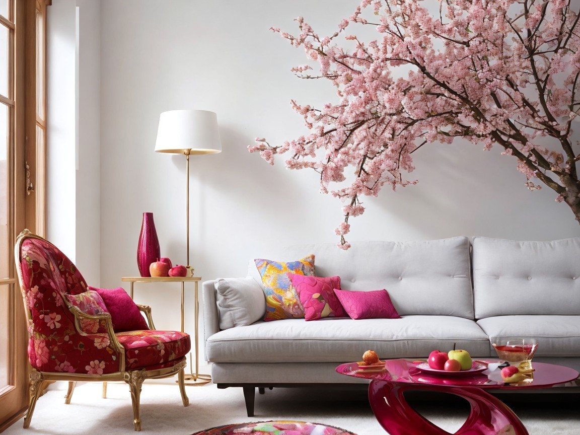 Stylish Living Room with Gray Sofa and Floral Decor