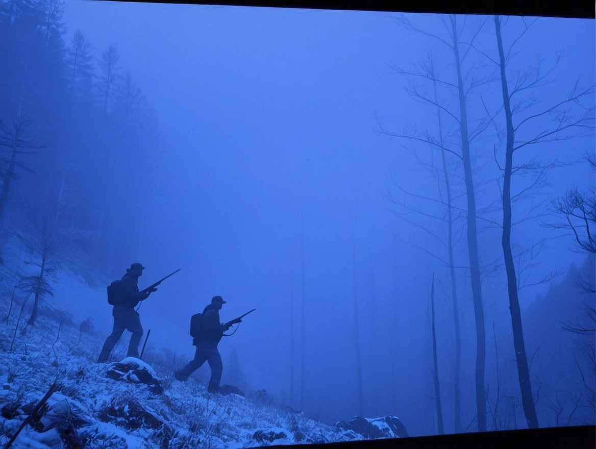Misty Blue Landscape with Silhouetted Hunters in Snow