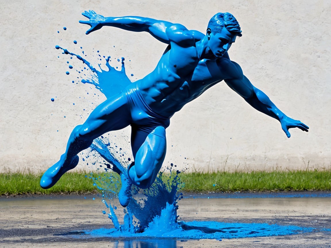 Dynamic Blue Male Figure in Mid-Leap with Grass Background