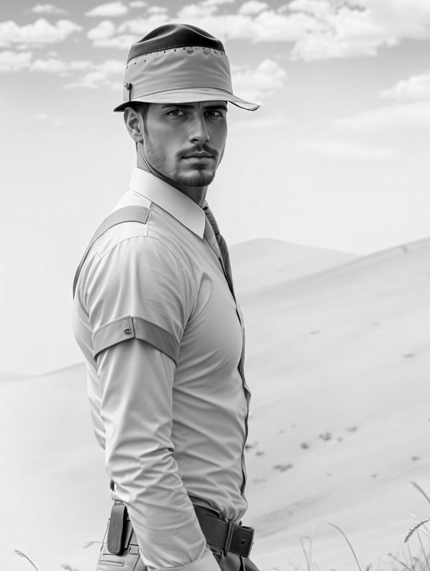 Stylish Man in Black and White Desert Landscape
