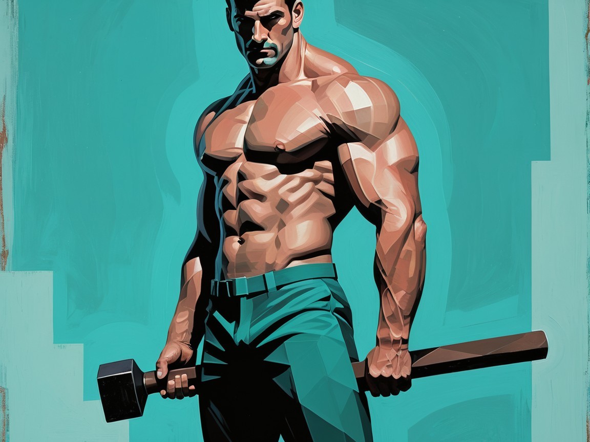Muscular Man with Hammer Against Turquoise Background