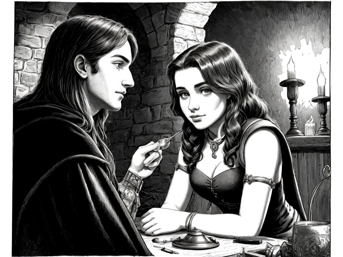 Medieval Couple in Dimly Lit Black and White Scene