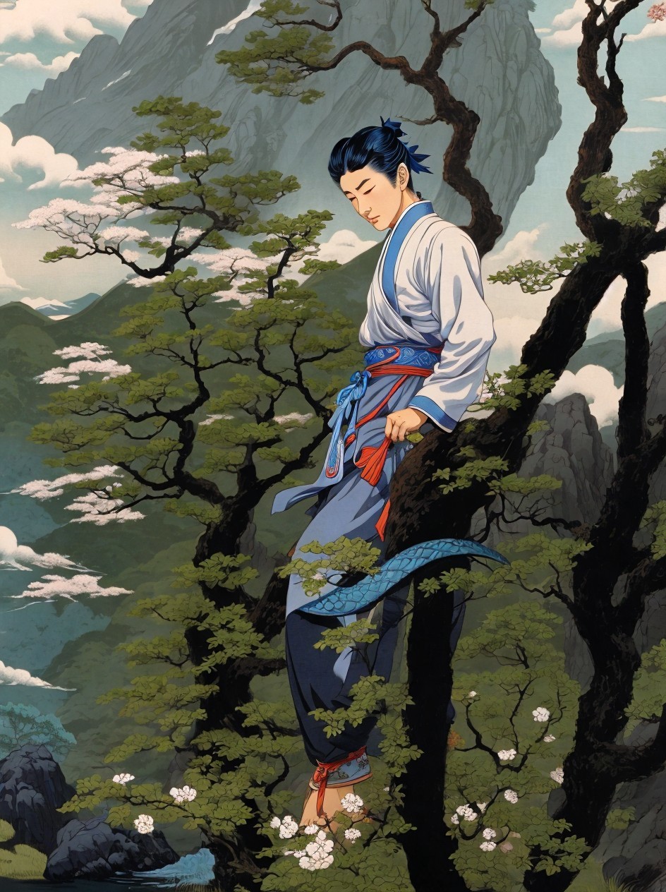 Anime Illustration of Thoughtful Young Man in Tree