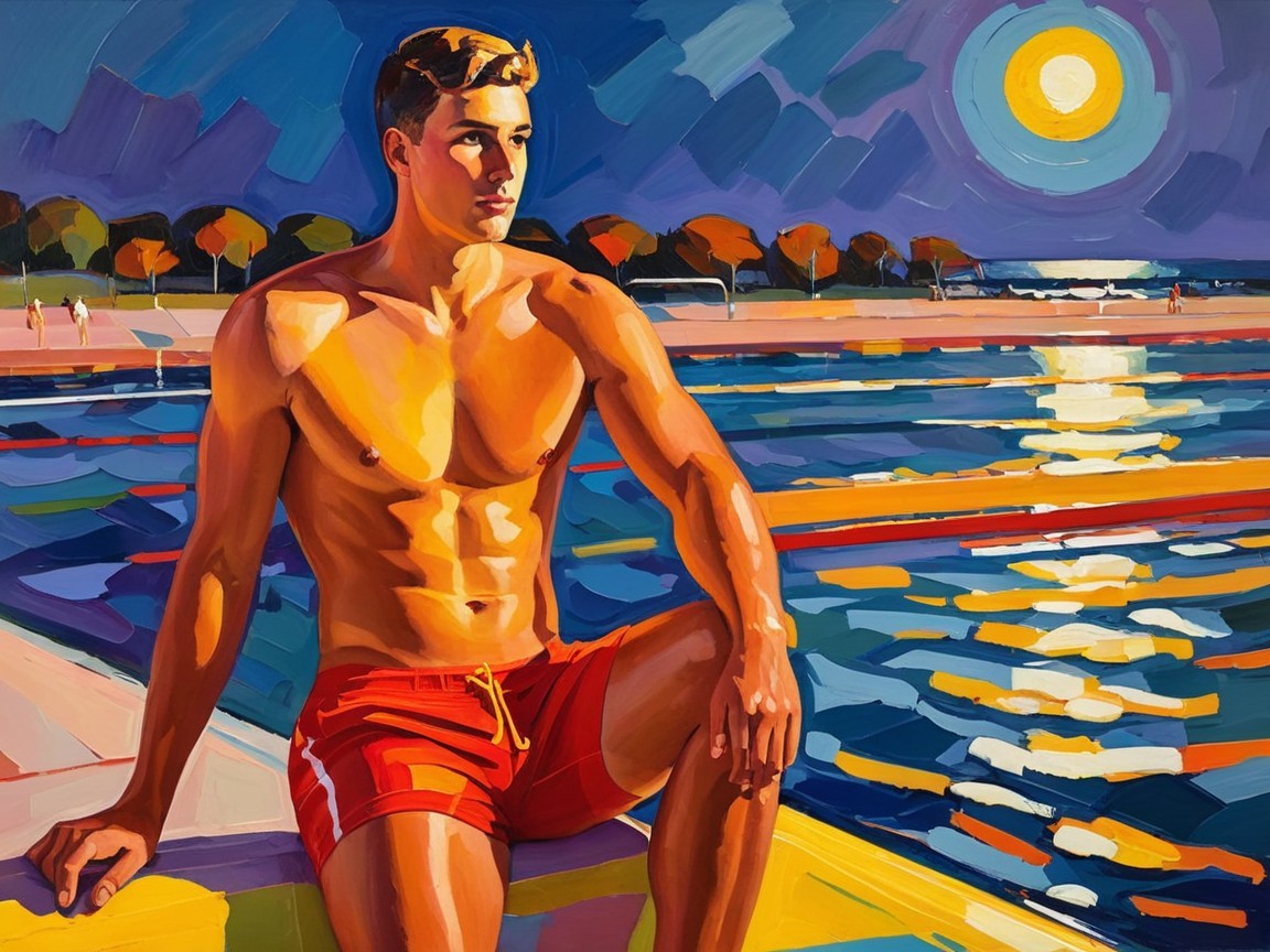 Muscular Young Man by Pool at Sunset with Trees