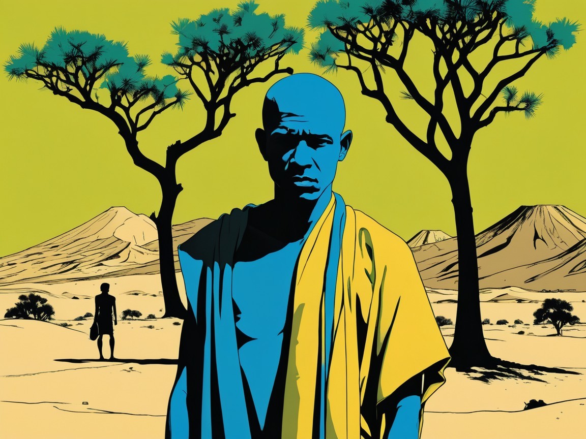 Stylized Monk Figure in Vibrant Blue and Yellow Setting